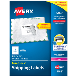 Avery® TrueBlock® Shipping Labels With Sure Feed® Technology, 5168, Rectangle, 3-1/2" x 5", White, Pack Of 400