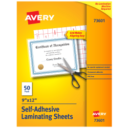Avery® Permanent Self-Adhesive Laminating Sheets, 9" x 12", Clear, Pack Of 50