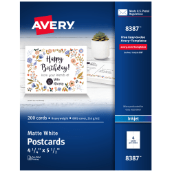 Avery® Inkjet Postcards, 4 1/4" x 5 1/2", Matte White, Box of 200