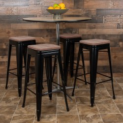 Flash Furniture 30" High Metal Indoor Bar Stool with Wood Seat - Stackable Set of 4, Black