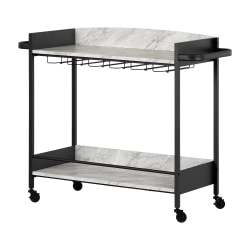 South Shore City Life Bar Cart With Wine Glass Rack, 33-1/2" x 41", Black/Faux Carrara Marble