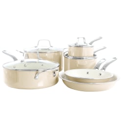 Martha Stewart Lockton Premium 10-Piece Enameled Heavy-Gauge Aluminum Ceramic Nonstick Cookware Set, Butter Cream