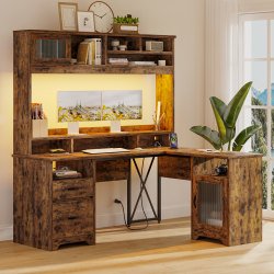 Bestier 63"W L-Shaped Ergonomic Corner Desk, Rustic Brown