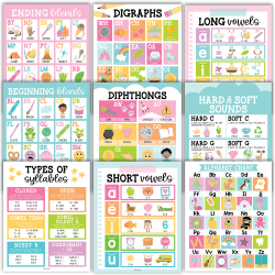 Hadley Designs Posters, Colorful Sound Wall Phonics and Vowels English, Set Of 9