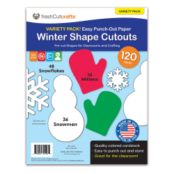 FreshCut Crafts Punch Out Paper Cutouts, Winter Shapes, Snowflakes, Mittens & Snowman, 120 Pieces