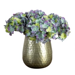Nearly Natural 11"H Artificial Hydrangea Arrangement With Metal Vase, 11"H x 10"W x 10"D, Blue/Gold