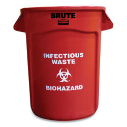 Rubbermaid® Vented Round Brute Container, "Infectious Waste: Biohazard" Imprint, 32 gal, Plastic, Red