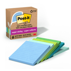 Post-it Paper Super Sticky Notes, 420 Total Notes, Pack Of 6 Pads, 4" x 4", 100% Recycled, Oasis, 70 Sheets Per Pad