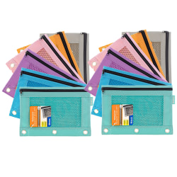 BAZIC Products 3-Ring Pencil Pouches with Mesh Windows, 9-13/16" x 7", Retro Pastel, Pack Of 12 Pouches