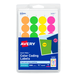 Avery® Removable Print Or Write Color Coding Labels, 5474, Round, 3/4"Diameter, Assorted Neon, Pack Of 1,008