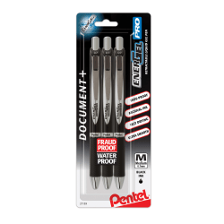 Pentel EnerGel PRO Pigment Gel Pens, Medium Point, 0.7 mm, Black Barrel, Black Ink, Pack Of 3