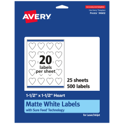 Avery® Permanent Labels With Sure Feed®, 94602-WMP25, Heart, 1-1/2" x 1-1/2", White, Pack Of 500