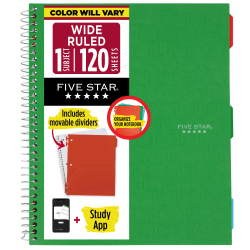 Five Star® Color Coded Notebook Plus Study App, 1 Subject, Wide Ruled, 8" x 10 1/2", Retro Green