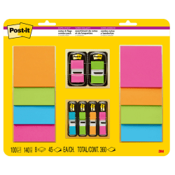 Post-it Super Sticky Notes and Flags Combo Pack, 3" x 3", Assorted Colors, Pack Of 8 Pads And 6 Flags Packs