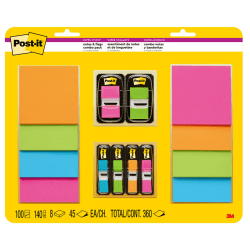 Post-it® Super Sticky Notes and Flags Combo Pack, 3" x 3", Assorted Colors, Pack Of 8 Pads And 6 Flags Packs