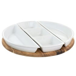 Gibson Elite Gracious Dining 4-Piece Fine Ceramic Sectional Tray Set With Acacia Wood Base, 2"H x 16-7/16"W x 14-7/16"D, White/Light Brown