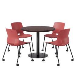 KFI Studios Proof Cafe Round Pedestal Table With Imme Caster Chairs, Includes 4 Chairs, 29"H x 36"W x 36"D, Cafelle Top/Black Base/Coral Chairs