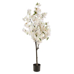 Nearly Natural Cherry Blossom 60"H Artificial Tree With Planter, 60"H x 24"W x 12"D, White/Black