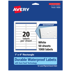 Avery® Waterproof Permanent Labels With Sure Feed®, 94202-WMF50, Rectangle, 1" x 4", White, Pack Of 1,000