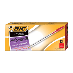BIC® Cristal® Ballpoint Pens, Medium Point, 1.0 mm, Clear Barrel, Red Ink, Pack Of 12