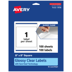 Avery® Glossy Permanent Labels With Sure Feed®, 94108-CGF100, Square, 8" x 8", Clear, Pack Of 100