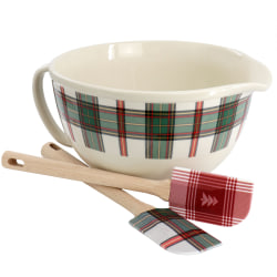 Martha Stewart 3-Piece Holiday Plaid Stoneware 3.4-Quart Batter Bowl Set With Silicone Spatulas, White