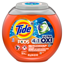 Tide PODS Liquid Laundry Detergent Soap Pacs, 4-n-1 Ultra Oxi, 33 Oz, Container Of 32 Pacs
