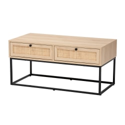 Baxton Studio Amelia Mid-Century Modern Transitional Wood And Rattan 2-Drawer Coffee Table, 18-15/16"H x 39-7/16"W x 19-3/4"D, Natural Brown/Natural