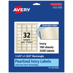 Avery® Pearlized Permanent Labels With Sure Feed®, 94226-PIP100, Rectangle, 1-1/4" x 1-3/4", Ivory, Pack Of 3,200 Labels