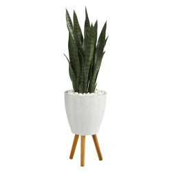 Nearly Natural Sansevieria 48"H Artificial Plant With Stand Planter, 48"H x 9"W x 9"D, Green/White