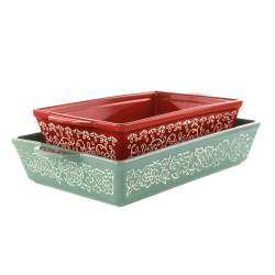Laurie Gates 2-Piece Tierra Wax Relief Stoneware Baker Set, Red/Mint