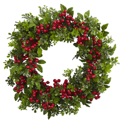 Nearly Natural Berry Boxwood Wreath, 24" x 3", Red