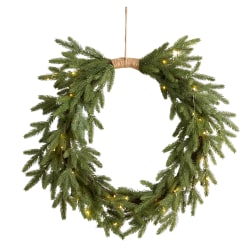 Nearly Natural Holiday Christmas 24"H Pine Pre-Lit Cascading Wreath, 24" x 5", Green
