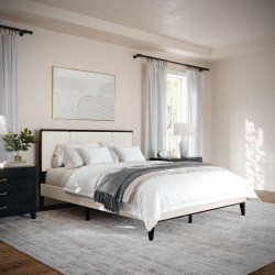 Martha Stewart Jett Solid Wood Platform Bed with Upholstered Base and Inset Paneled Headboard, Wood Slat Bottom, No Box Spring Needed, Beige Fabric/Dark Brown Frame, Queen