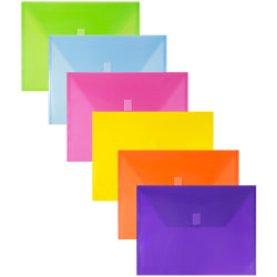 JAM Paper® Plastic Envelopes, 9-3/4" x 13", Hook & Loop Closure, No Expansion, Assorted Colors, Pack Of 6 Envelopes