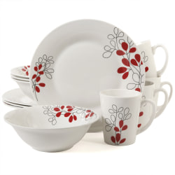 Gibson Scarlet Leaves 12-Piece Dinnerware Set, White/Red