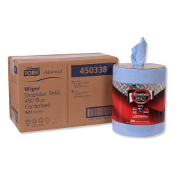 Tork Advanced ShopMax Wiper 450 Wipes, Centerfeed Refill, 9-15/16" x 13-1/8", Blue, 200 Wipes Per Roll, Carton Of 2 Rolls