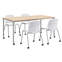 KFI Studios Dailey Table And 4 Chairs, With Caster, Natural/Silver Table, White/Silver Chairs