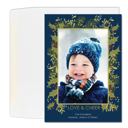 Custom Photo Holiday Cards With Envelopes, 5" x 7", Love Cheer Holly, Box Of 25 Cards