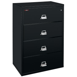 FireKing® UL 1-Hour 31-1/8"W Lateral 4-Drawer Fireproof File Cabinet, Metal, Black, White Glove Delivery