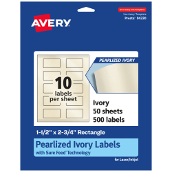 Avery® Pearlized Permanent Labels With Sure Feed®, 94230-PIP50, Rectangle, 1-1/2" x 2-3/4", Ivory, Pack Of 500 Labels