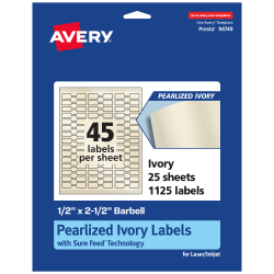 Avery® Pearlized Permanent Labels With Sure Feed®, 94749-PIP25, Barbell, 1/2" x 2-1/2", Ivory, Pack Of 1,125 Labels