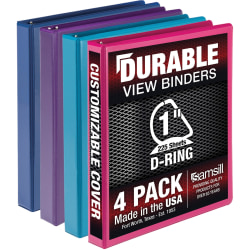 Samsill Durable 1 Inch Binder, , D Ring Customizable Clear View Cover, Fashion Assortment, 4 Pack, Each holds 225 Pages (MP46439) - MP46439