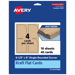 Avery® Print-To-The-Edge Flat Cards, 3-1/2"x5" Rectangle Single Rounded Corner, Kraft Brown, Pack Of 40