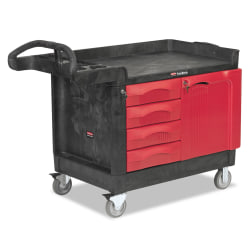 Rubbermaid® Commercial TradeMaster® Cart with One Door, Plastic, 3 Shelves, 4 Drawers, 750 lb Capacity, 26.25" x 49" x 38", Black