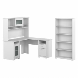 Bush Business Furniture Cabot 60"W L-Shaped Corner Desk With Hutch And 5-Shelf Bookcase, White, Standard Delivery
