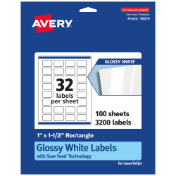 Avery® Glossy Permanent Labels With Sure Feed®, 94219-WGP100, Rectangle, 1" x 1-1/2", White, Pack Of 3,200