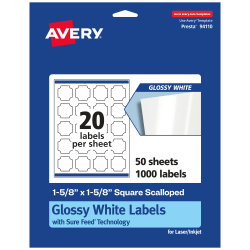 Avery® Glossy Permanent Labels With Sure Feed®, 94110-WGP50, Square Scalloped, 1-5/8" x 1-5/8", White, Pack Of 1,000