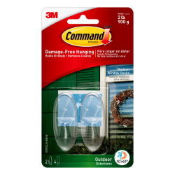 3M Command Outdoor Window Hooks, 2-Command Hooks, 4-Command Strips, Damage-Free Hanging for Christmas Decor, Clear
