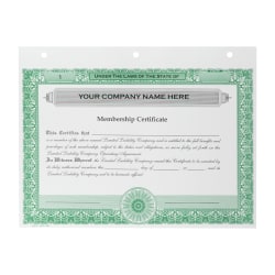 Custom LLC Membership Certificates, 3-Hole Punched, 8-1/2" x 11", Green, Pack Of 20 Certificates